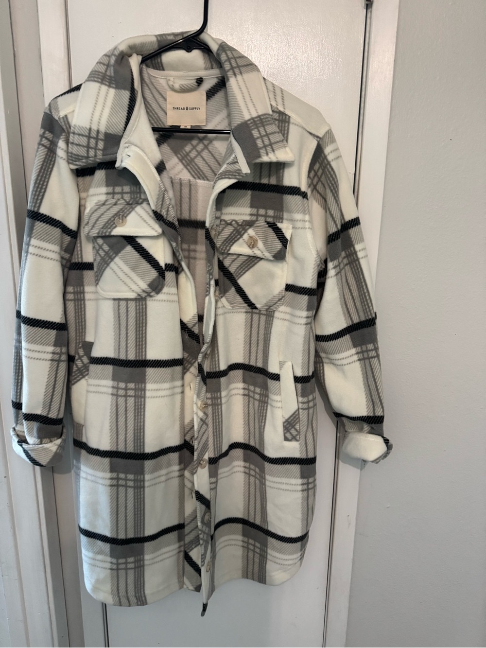 Thread & Supply Cream & Gray Plaid Fleece Shacket